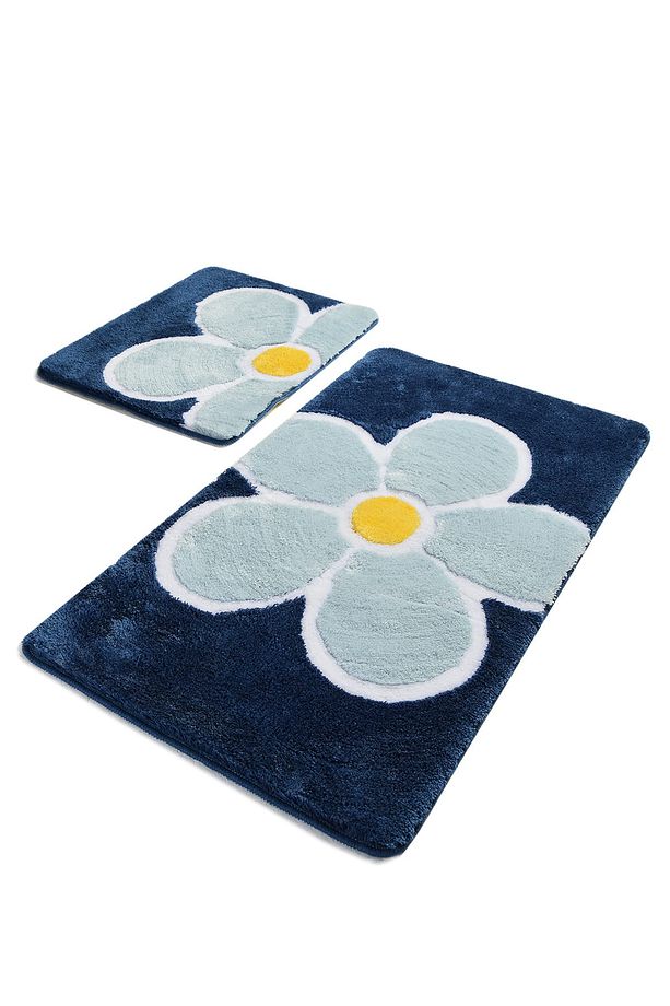 Flower Mavi 2'li Set Banyo Halısı Paspas Seti, Klozet Takımı Akrilik - 2