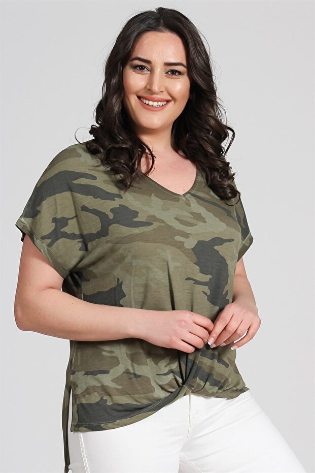 Women's Khaki Camouflage Pattern Knotted Front Side Slit Tunic PRA-479966-565371