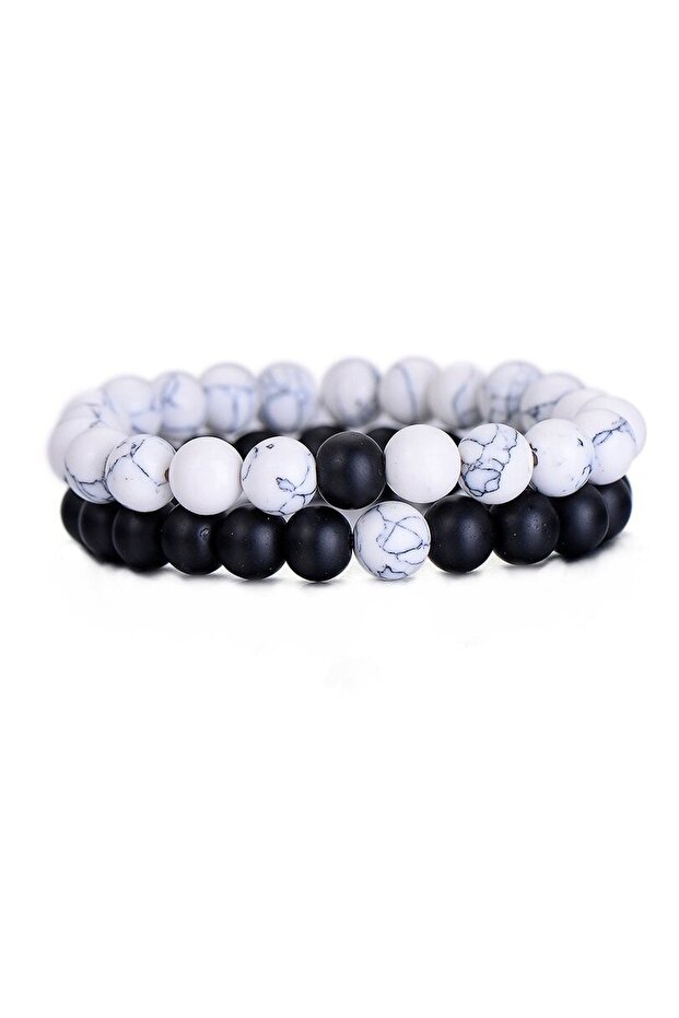Unisex Double White Howlite-Matte Onyx Natural Stone Bracelet 72422BL