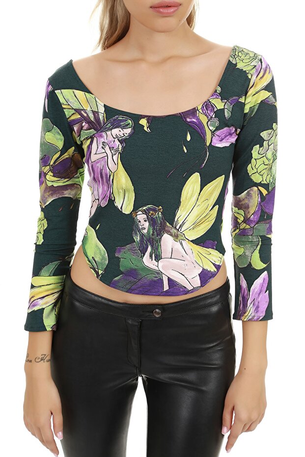 Women's Patterned Fairy Patterned Printed Basic Blouse BD2010 - 3