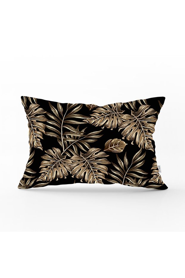 Gold Colored Leaves Patterned Rectangular Pillow Cushion Cover on Black Background