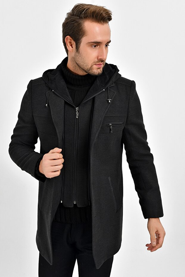 Men's Smoked Wool Blended Cashmere Hooded Zippered Front and Buttoned Coat - 2
