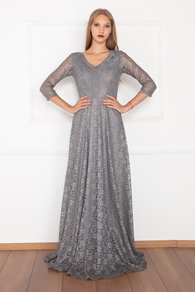 3810-2 Kristy V Yaka Dantel Elbise - 1