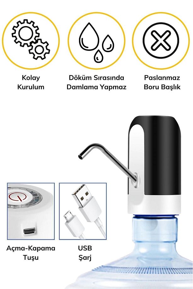 2 Adet Usb Ile Şarj Edilebilir Elektrikli Otomatik Damacana Su Pompası - 5