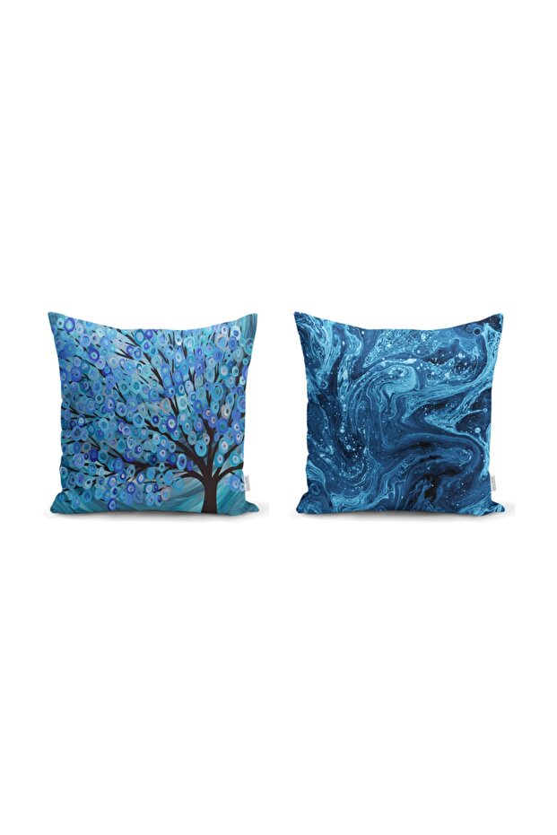 Watercolor 2-Piece Pillow and Cushion Cover Set with Blue Background