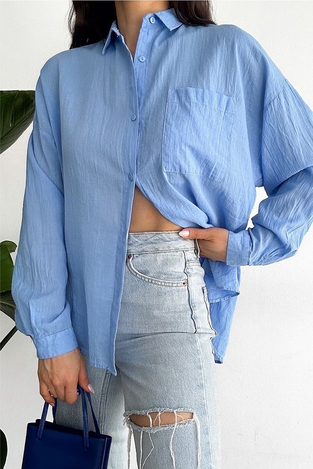 Kadın Mavi Düşük Omuz Tek Cep Basic Oversize Geniş Kalıp Gömlek - 2