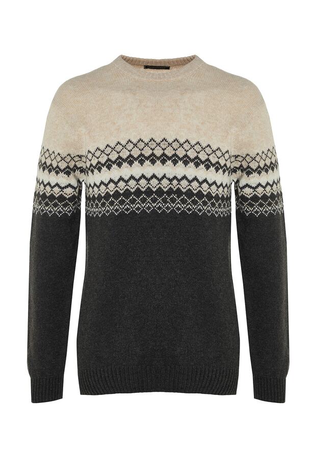 Sweter z dzianiny żakardowej z okrągłym dekoltem i dopasowanym krojem - antracytowy Tmnaw21Kz0738 - 6