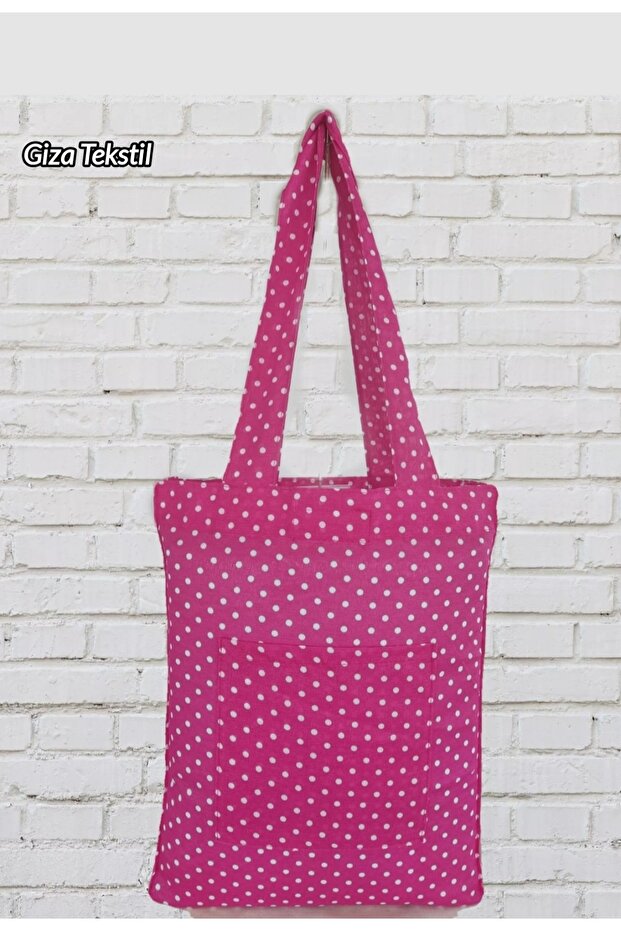 Pink Polka Dot Cloth Bag Pocket Detailed Cloth Bag Beach Shopping Bag