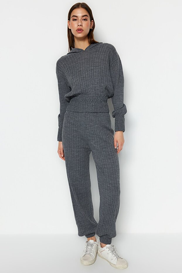 Anthracite Hooded Knitwear Top and Bottom Set TWOAW22AU0044