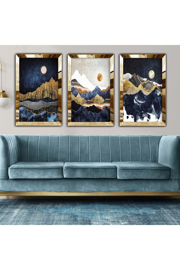 Gold Mirrored Plexi Framed Collage Drawing Triple MDF Board Set