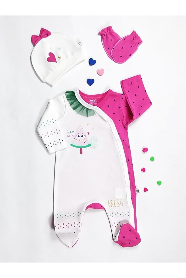 Baby Girl Watermelon Patterned Jumpsuit with Booties