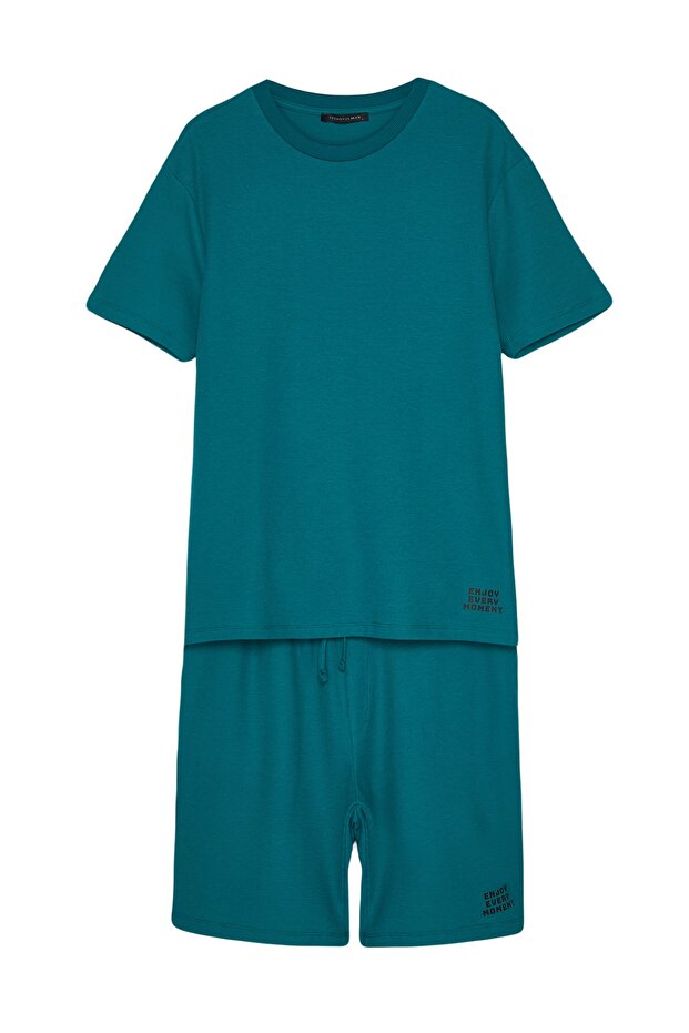 Petrol Regular Fit Dokulu Örme Şortlu Pijama Takımı TMNSS23PT00032 - 10