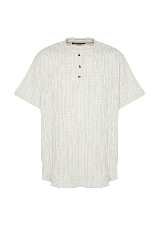 Ekru Keten İçerikli Oversize Fit Gömlek TMNSS23GO00139 - 7