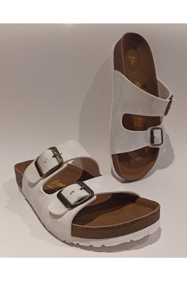 Anatomical Sole Adjustable Double Buckle Birken Model White Women's Slippers