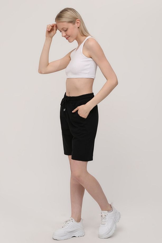 Siyah Kadın Oversize Unisex Spor Bermuda Şort - 1