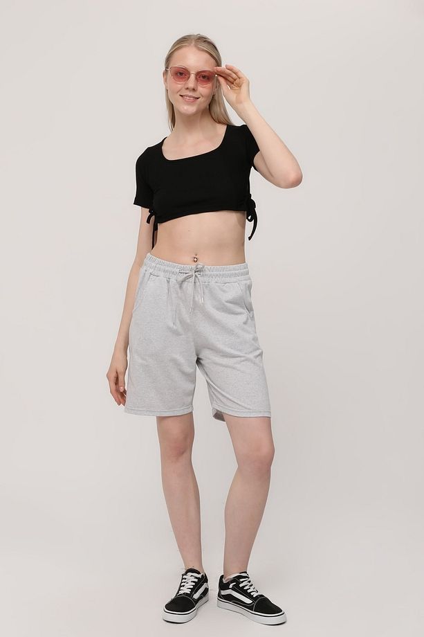 Gri Kadın Oversize Unisex Spor Bermuda Şort - 3
