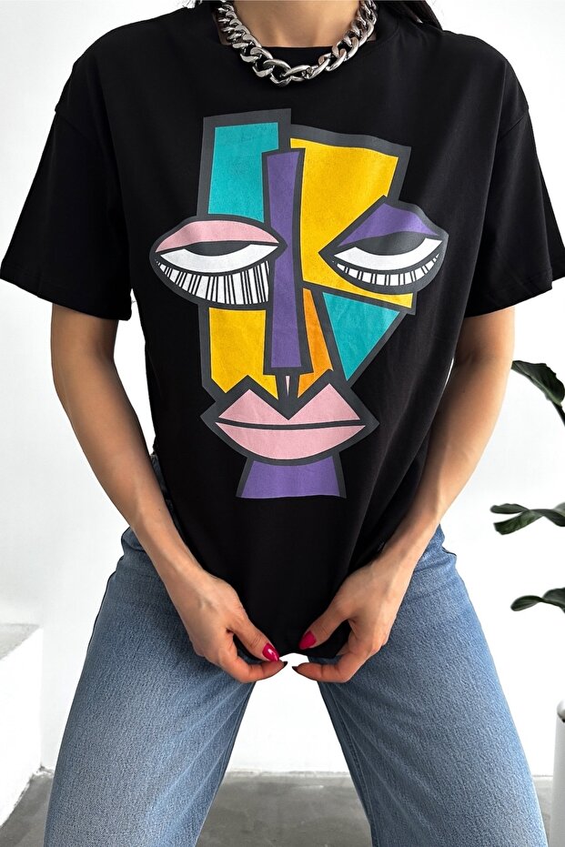 Women's Black Face Pattern Printed Basic Cotton T-Shirt