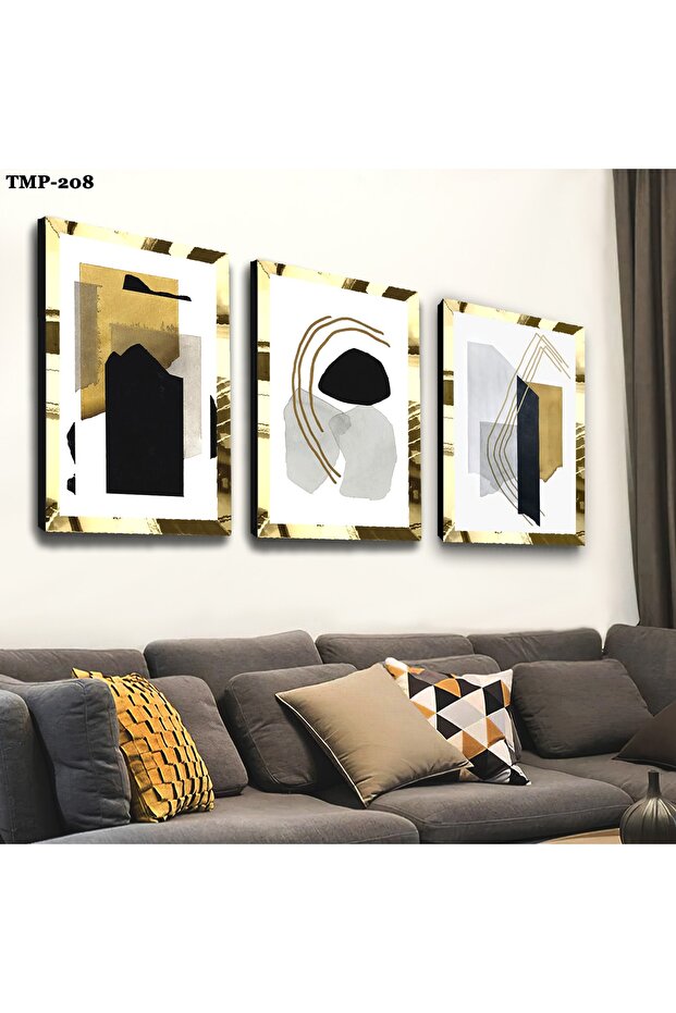 مجموعة رسم ثلاثية من MDF بإطار من زجاج شبكي عاكس ذهبي
