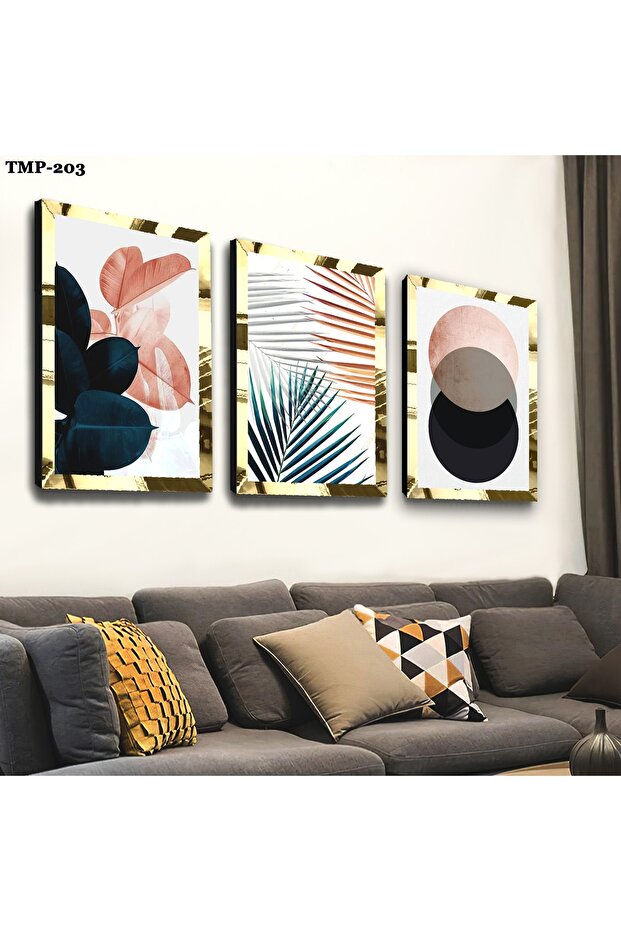 Gold Mirrored Plexi Framed Collage Drawing Triple MDF Board Set