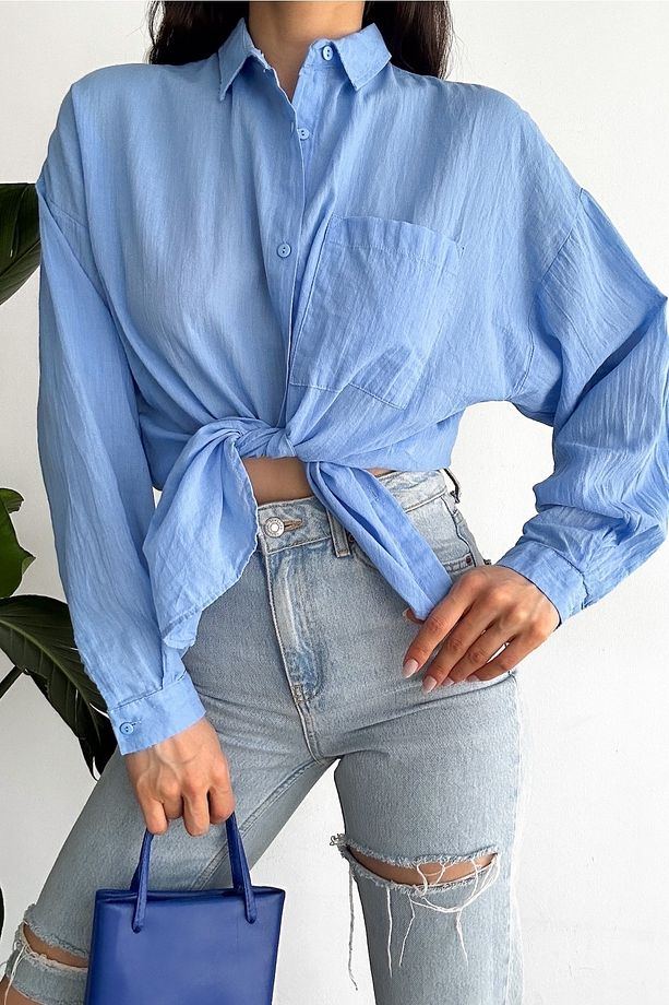 Kadın Mavi Düşük Omuz Tek Cep Basic Oversize Geniş Kalıp Gömlek - 4