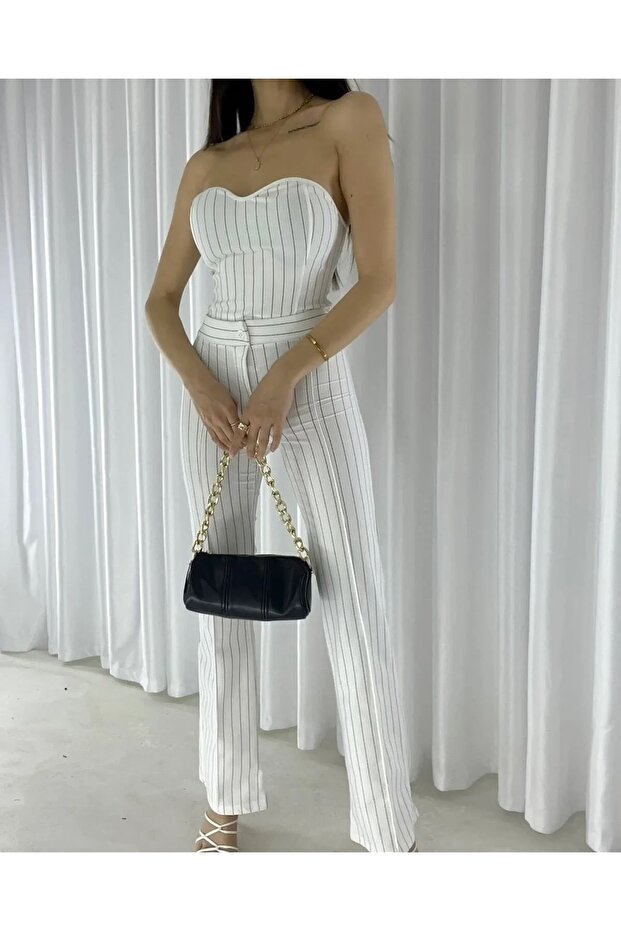 Women's Striped Strapless Bustier and Trouser Top and Bottom Set