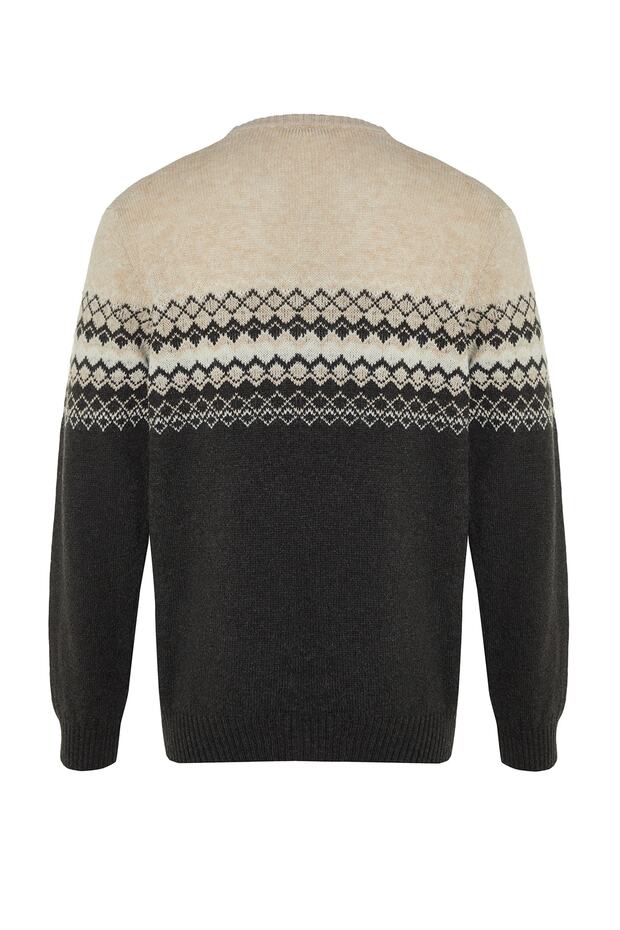 Sweter z dzianiny żakardowej z okrągłym dekoltem i dopasowanym krojem - antracytowy Tmnaw21Kz0738 - 8