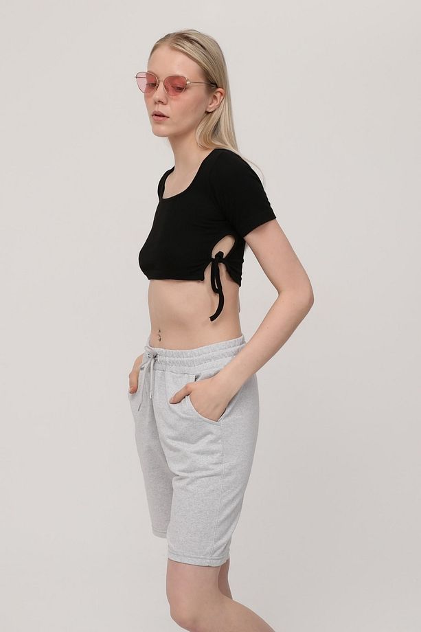 Gri Kadın Oversize Unisex Spor Bermuda Şort - 5