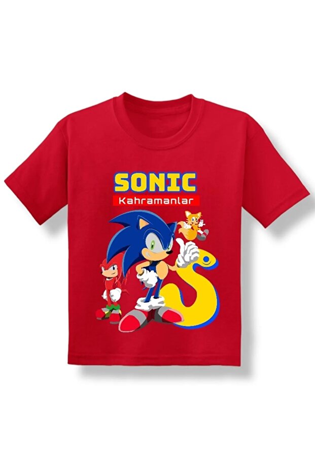 Kids Red Sonic Heroes Printed Boy Short Sleeve T-shirt 3-14 Years