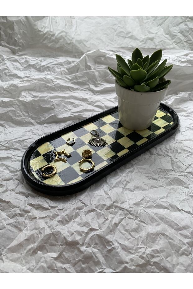 Checkered Decorative Tray Oval Presentation Holder Candle Holder Countertop Tray 24x9,5cm