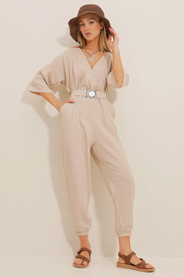 Women's Beige Double Breasted Collar Linen Jumpsuit with Belt at Waist ALC-X10443