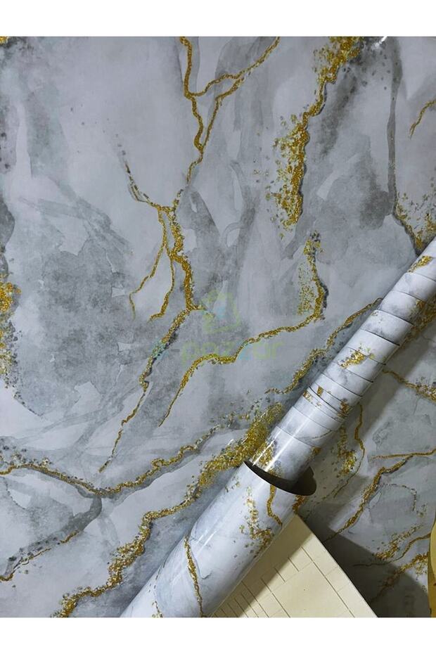 2 Adet 5 Metre X 60 Cm Beyaz Zemin Gold & Gri Desenli Kendinden Yapışkanlı Mermer Desenli Folyo - 5