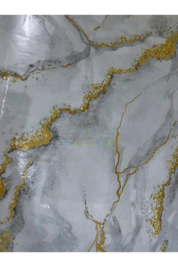 2 Adet 5 Metre X 60 Cm Beyaz Zemin Gold & Gri Desenli Kendinden Yapışkanlı Mermer Desenli Folyo - 6