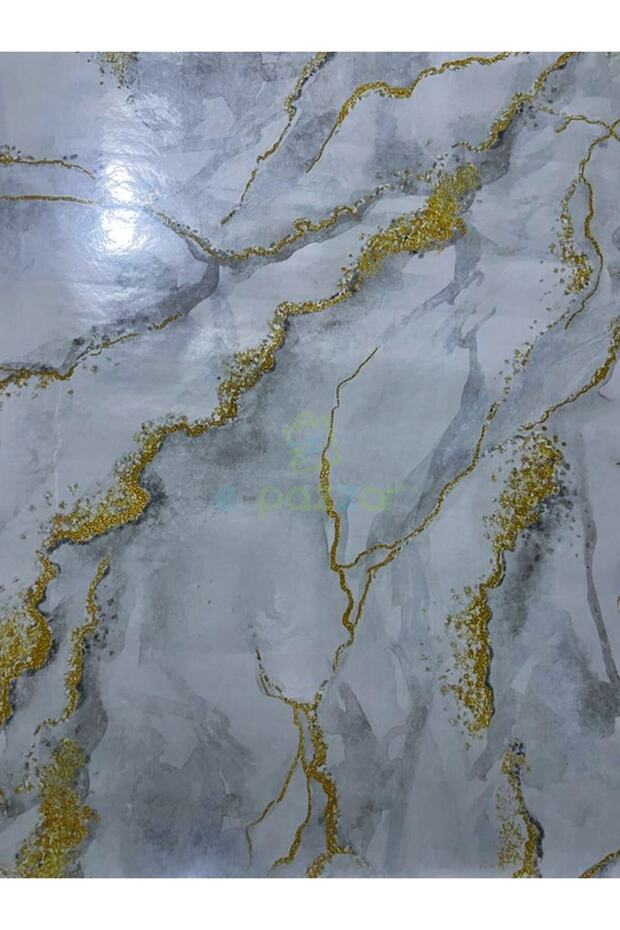2 Adet 5 Metre X 60 Cm Beyaz Zemin Gold & Gri Desenli Kendinden Yapışkanlı Mermer Desenli Folyo - 8