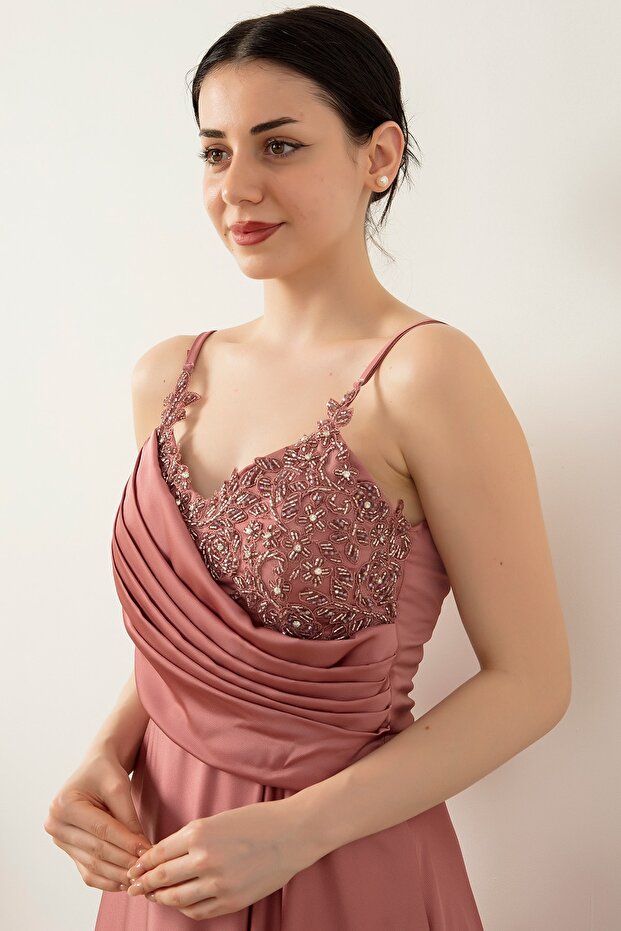 Saten Krep Askılı Elbise 13415 - 7