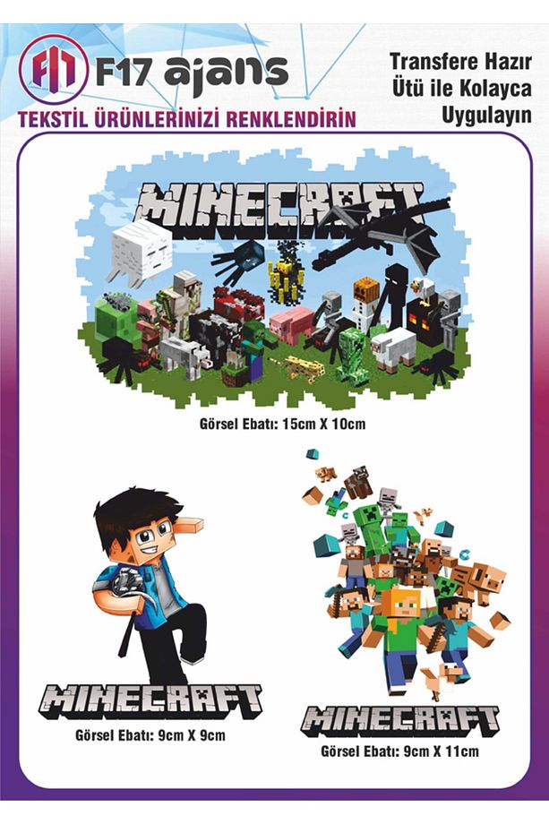 Ütü ile Yapışan Tekstil DTF Transfer Baskı Minecraft 3'lü Set - 1