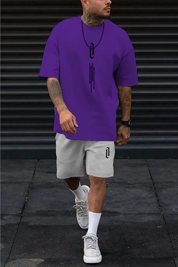 Men's Vertical Printed Oversize Gray Shorts Baby Purple T-Shirt Set