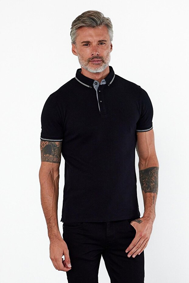 Men's Close-Fitting Basic Polo Neck Short Sleeve Solid Black T-Shirt