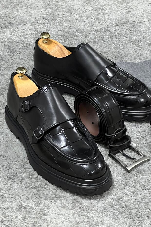 Special Production Double Buckle Detailed Crocodile Leather Shoes