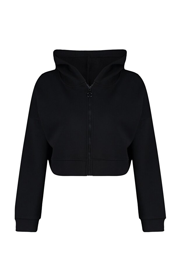 Siyah Basic Fermuarlı Kapüşonlu Crop Kalın İçi Polarlı Örme Sweatshirt TWOAW20SW0660 - 6