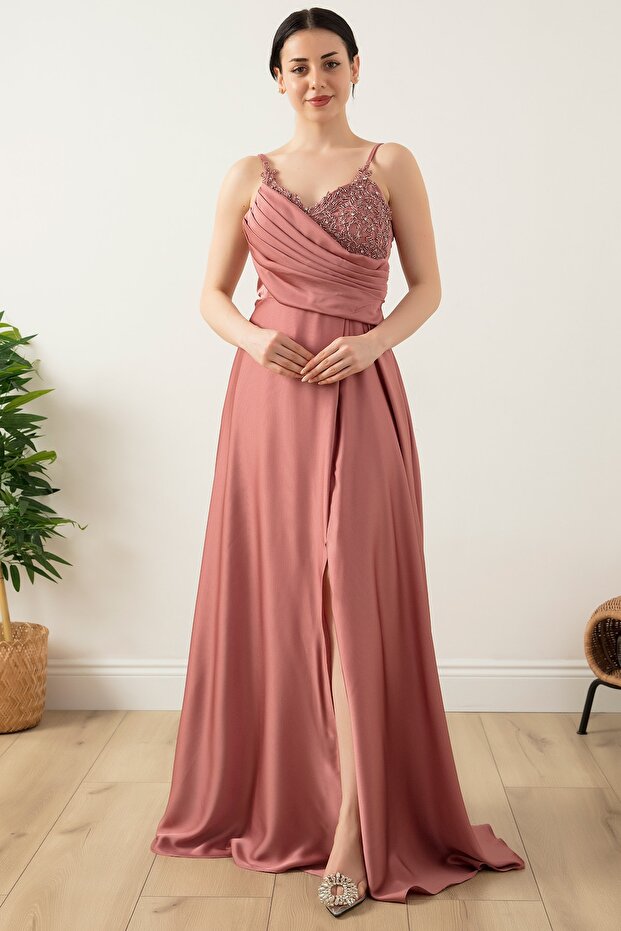 Saten Krep Askılı Elbise 13415 - 3