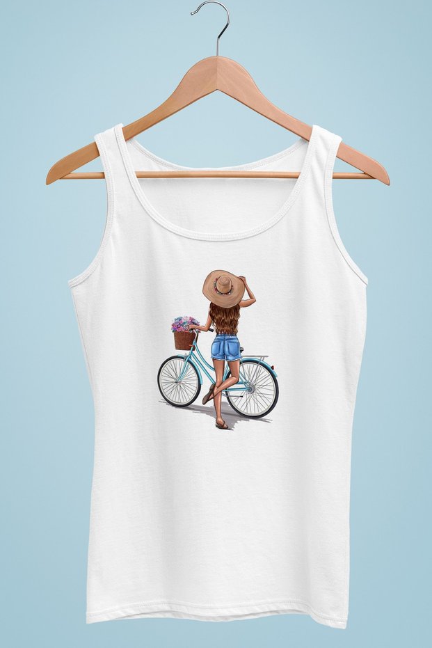 Women's White Strap T-shirt Bicycle Digital Printed 100% Cotton