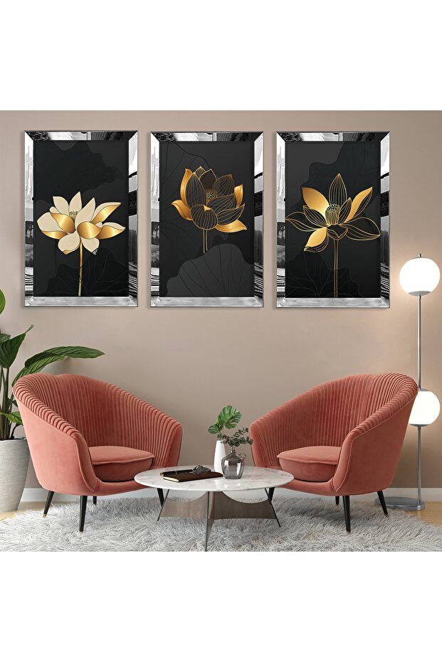 Abstract Pattern Flower Silver Plexi Edge Triple Mdf Table Set
