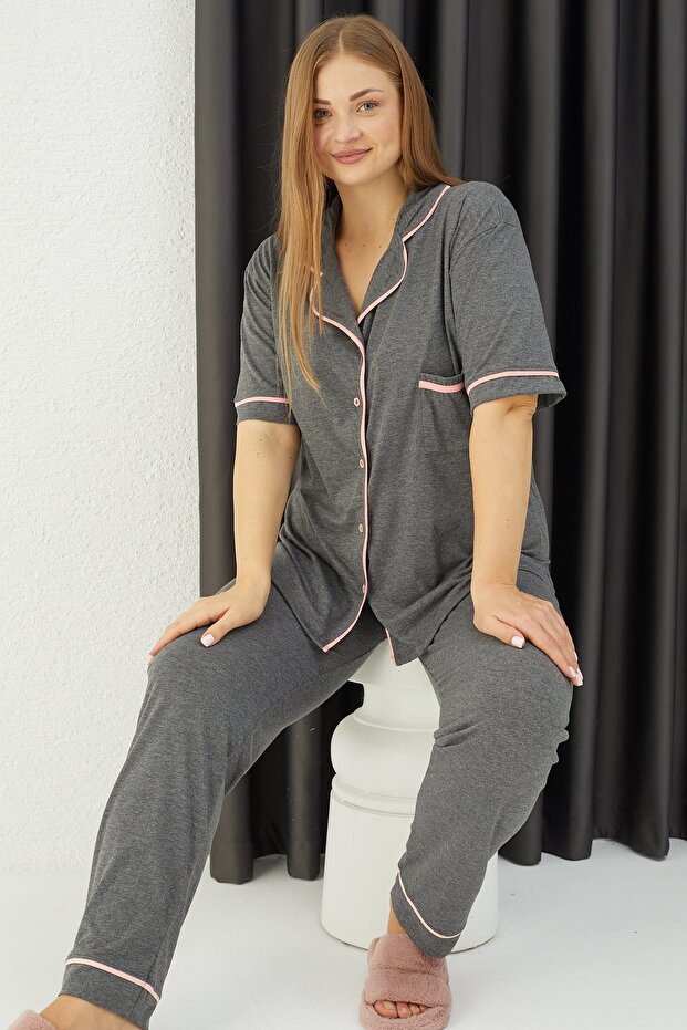 Battal Düğmeli Pijama Takım - 2