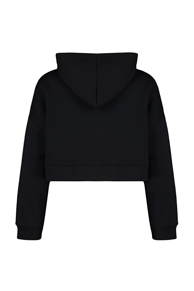 Siyah Basic Fermuarlı Kapüşonlu Crop Kalın İçi Polarlı Örme Sweatshirt TWOAW20SW0660 - 8