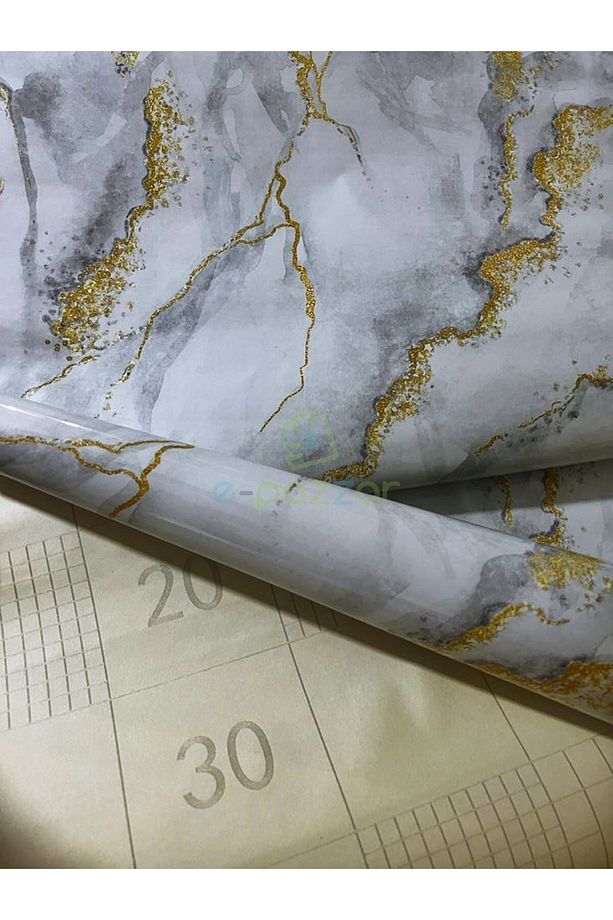 2 Adet 5 Metre X 60 Cm Beyaz Zemin Gold & Gri Desenli Kendinden Yapışkanlı Mermer Desenli Folyo - 3
