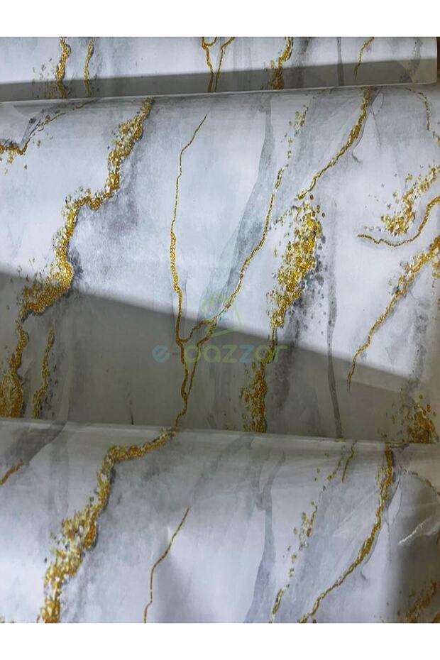 2 Adet 5 Metre X 60 Cm Beyaz Zemin Gold & Gri Desenli Kendinden Yapışkanlı Mermer Desenli Folyo - 4