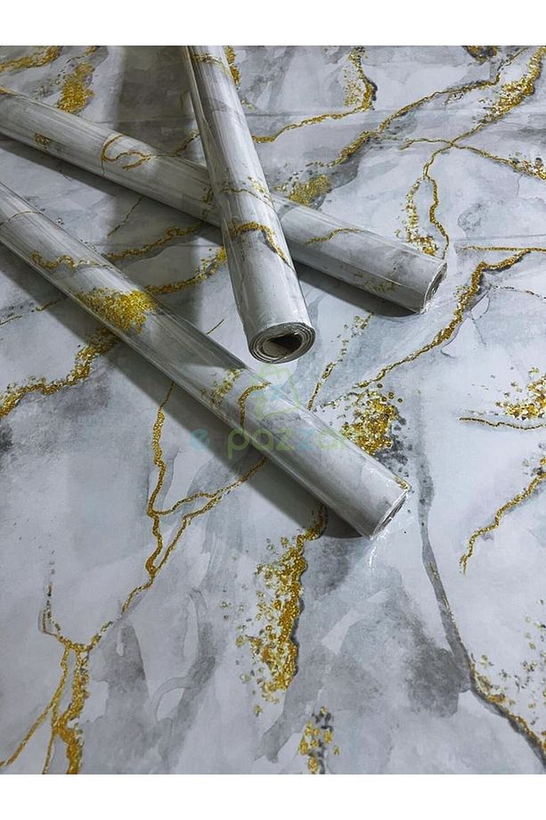 2 Adet 5 Metre X 60 Cm Beyaz Zemin Gold & Gri Desenli Kendinden Yapışkanlı Mermer Desenli Folyo - 7