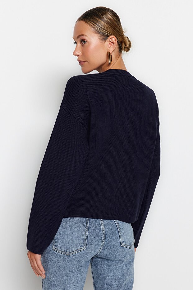 Lacivert Düğme Detaylı Ceket Görünümlü Triko Hırka TWOAW24HI00023 - 5