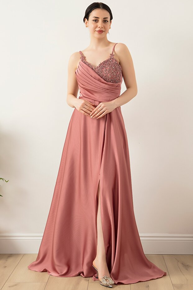 Saten Krep Askılı Elbise 13415 - 6