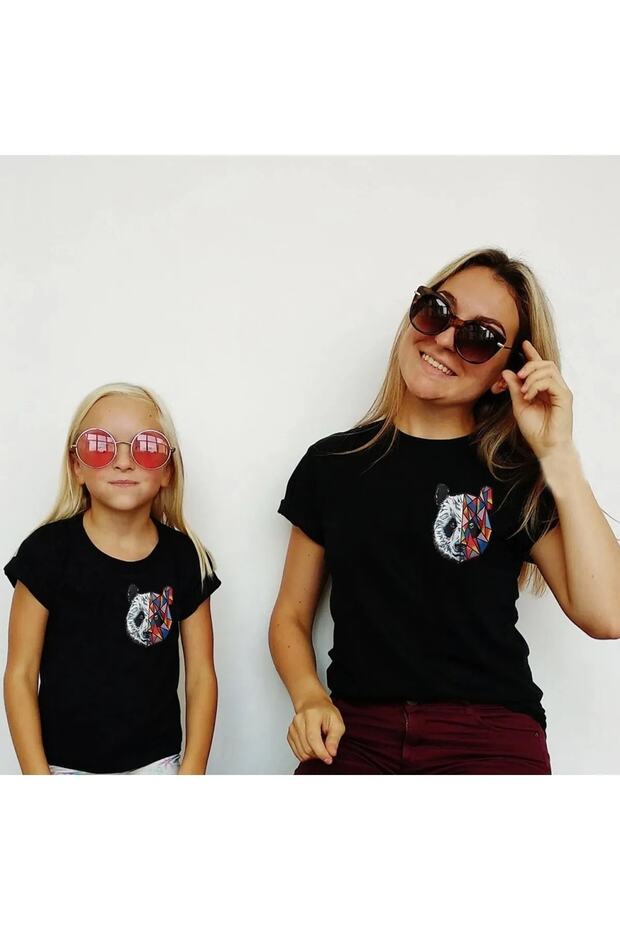 Mother Daughter Panda Printed Crew Neck Cotton T-shirt